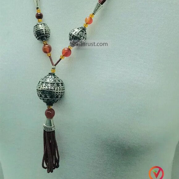 Vintage Style Tassel Necklace with Ornate Metal Beads, Statement Tribal Pendant - Picture 6 of 13